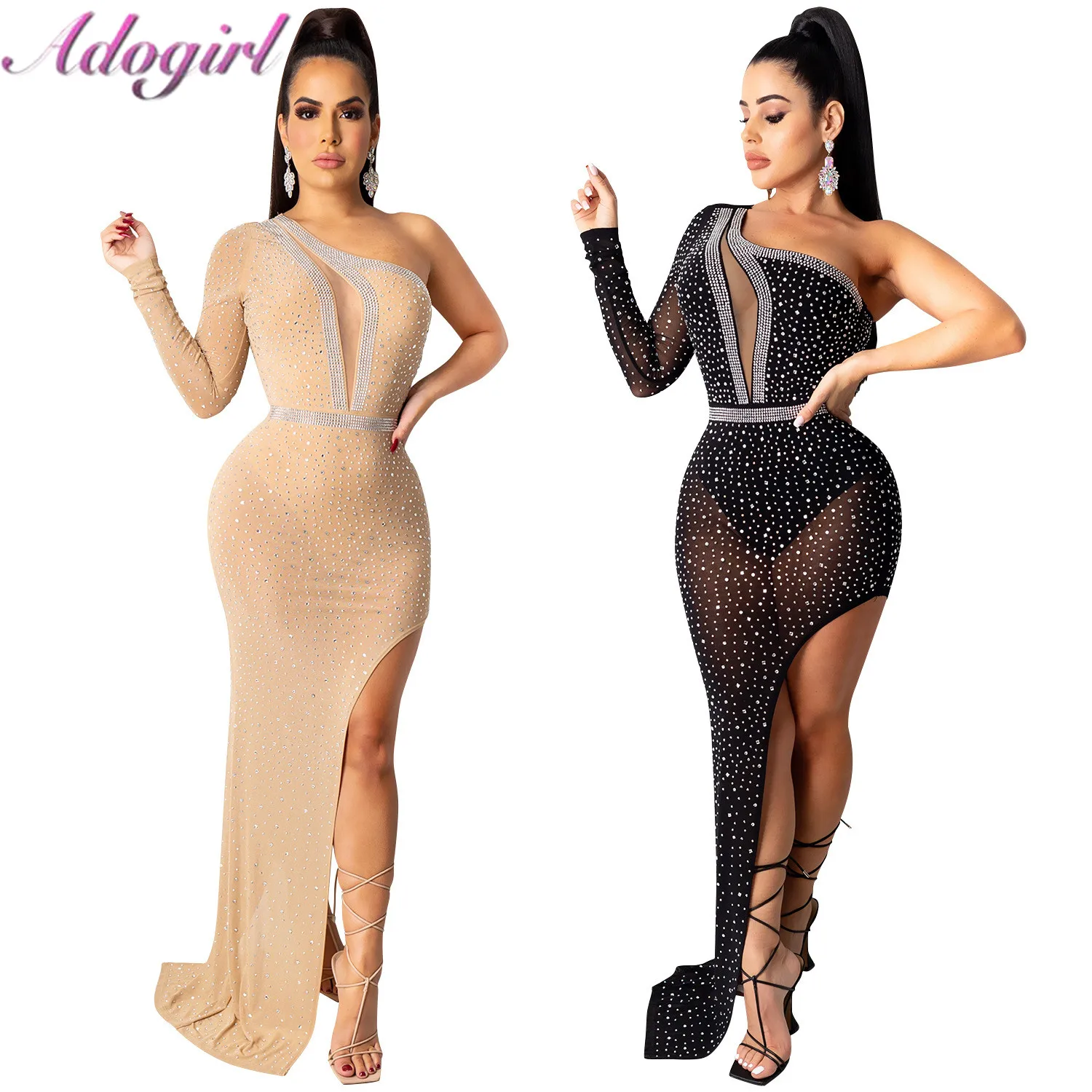 

Sexy Diamond Sheer Mesh One Shoulder Backless Evening Party Club Long Dress Women Elegant High Split See Through Dresses Vestido
