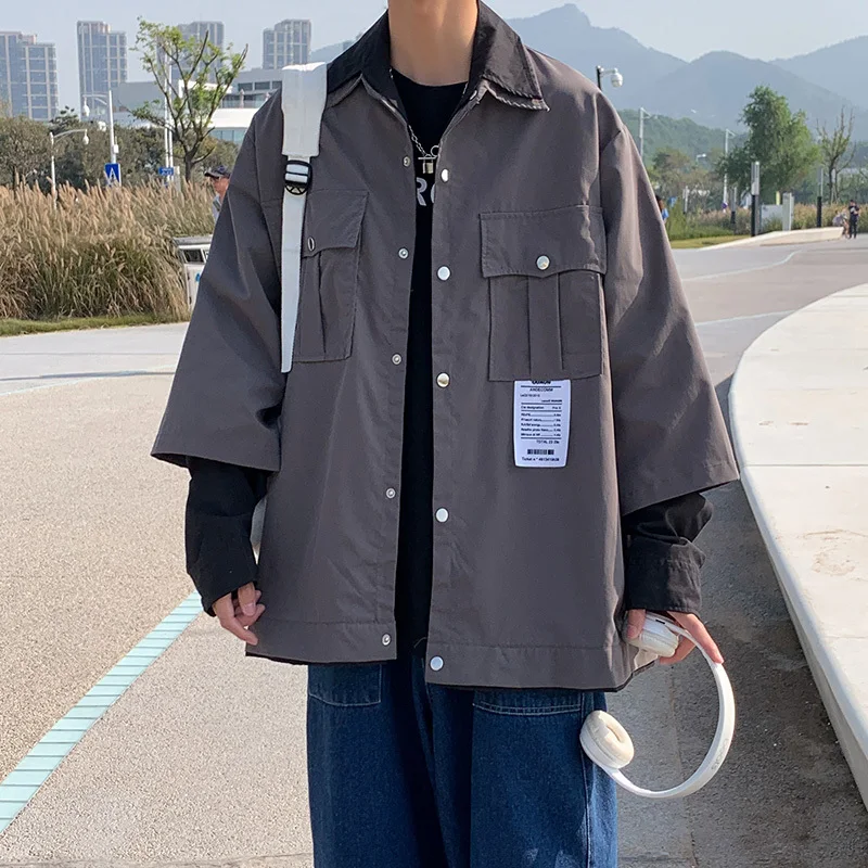 

Tooling jacket men's spring and autumn clothes handsome trend fake two-piece all-match tops Japanese casual jacket