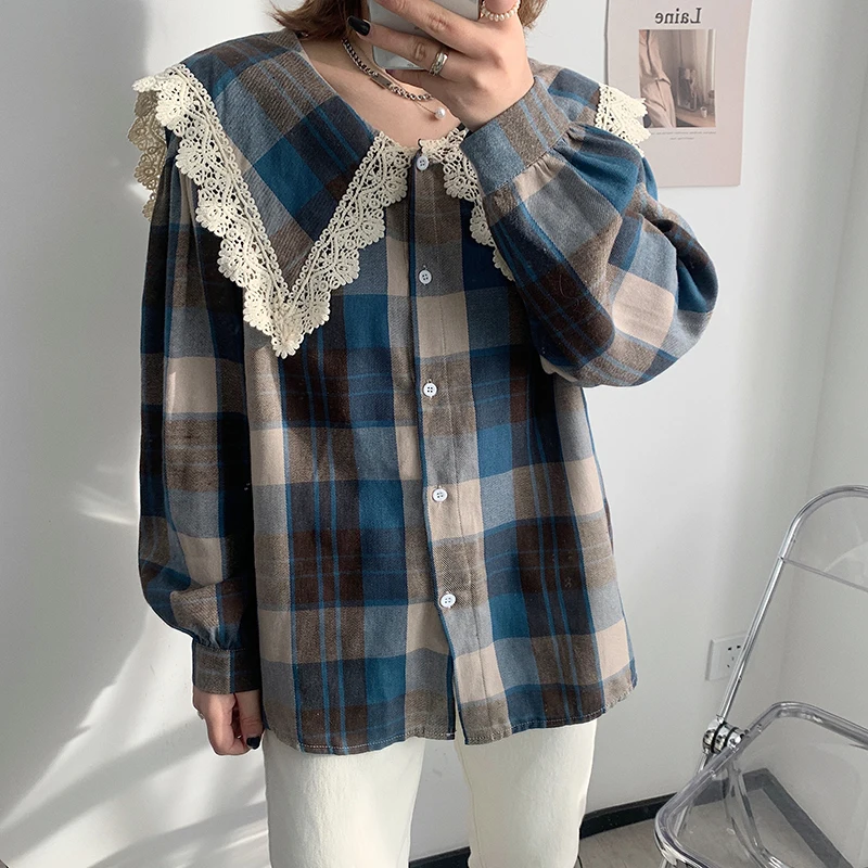 

Koeran 2021 Summer Women Chic Elegance Office Lady Shirts Fashion Casual Peter Pan Collar Sexy Lace Patchwork Plaid Blouses