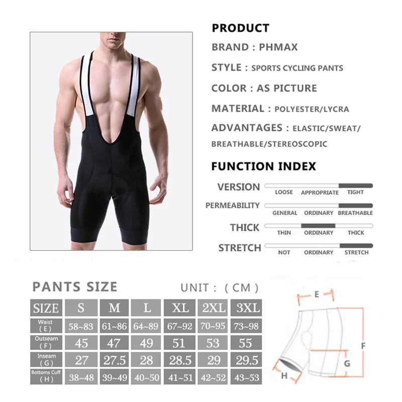 

PHMAX Pro Cycling Bib Shorts Race Lightweight Bike Downhill Shorts MTB Bicycle Shorts Ropa Ciclismo 8cm Italy Grippers at Leg