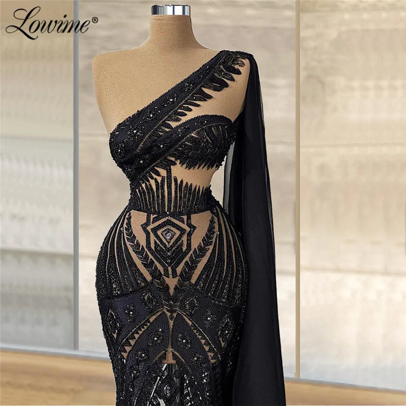 Lowime Illusion Black Dubai Moroccana Kaftan Evening Dresses Beaded Plus Size Party Dress Robes De Soiree 2021 Long Evening Wear