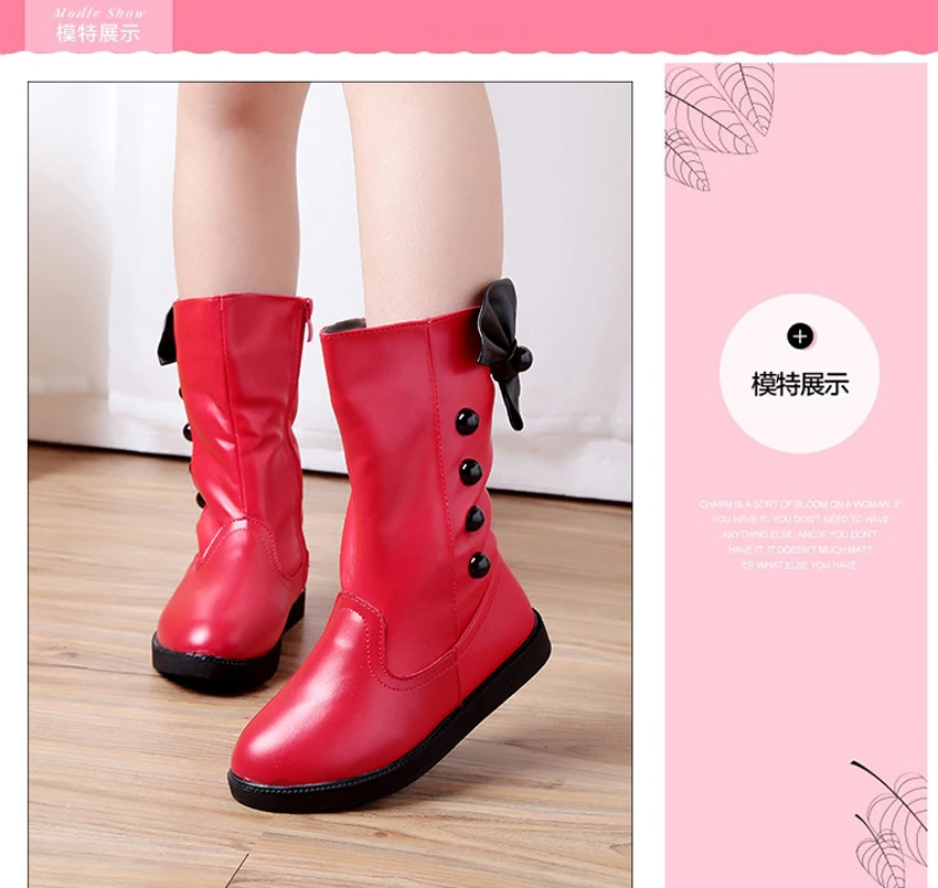 Girls Fashion Boots Autumn Winter Platforms PU Leather Mid-calf Princess Boots Butterfly-knot Ornament Toddler Kids Shoes