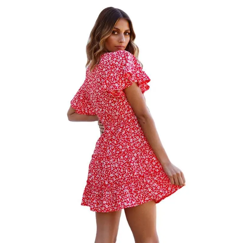 

Summer Sexy Dresses Women A-line Floral Print Female Boho Mini Dress 2021 High Waist V-Neck Beach Wear Ladies Sundress Vestidos