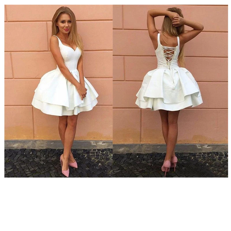 Короткое свадебное платье E JUE SHUNG Белое Атласное мини с глубоким v образным