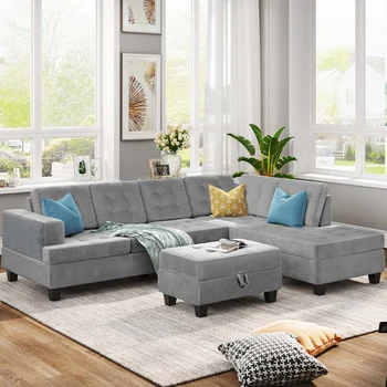 U-style Upholstery Sectional Sofa With Storage Ottoman Thick Cushions