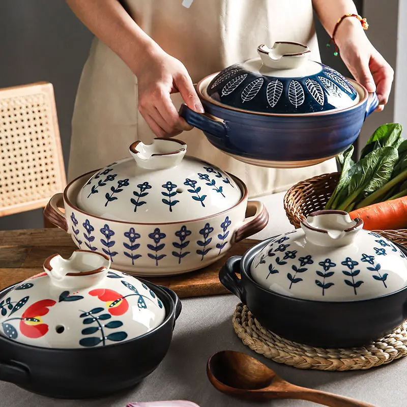 

Japanese flower casserole stew pot soup pot household ceramic pot cooking gas 24/20cm high temperature resistant cooking pot