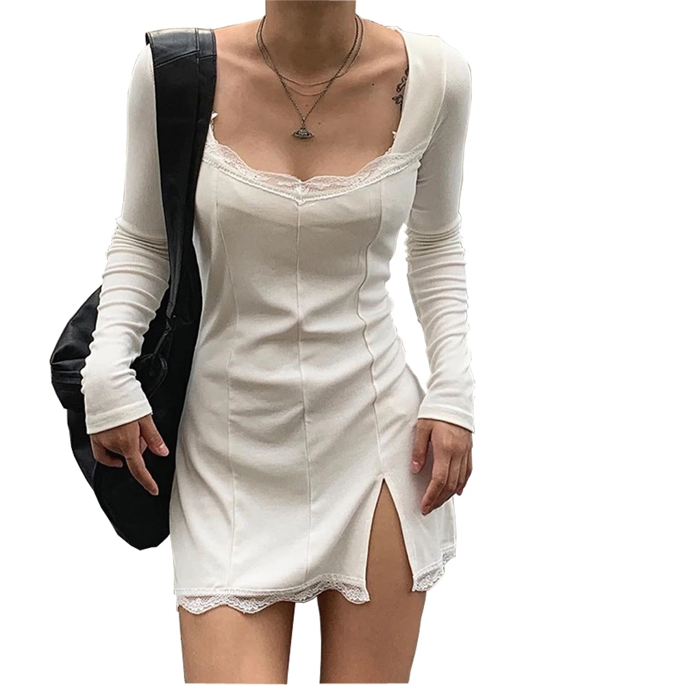 Женское сексуальное платье с длинным рукавом и разрезом облегающее короткое из