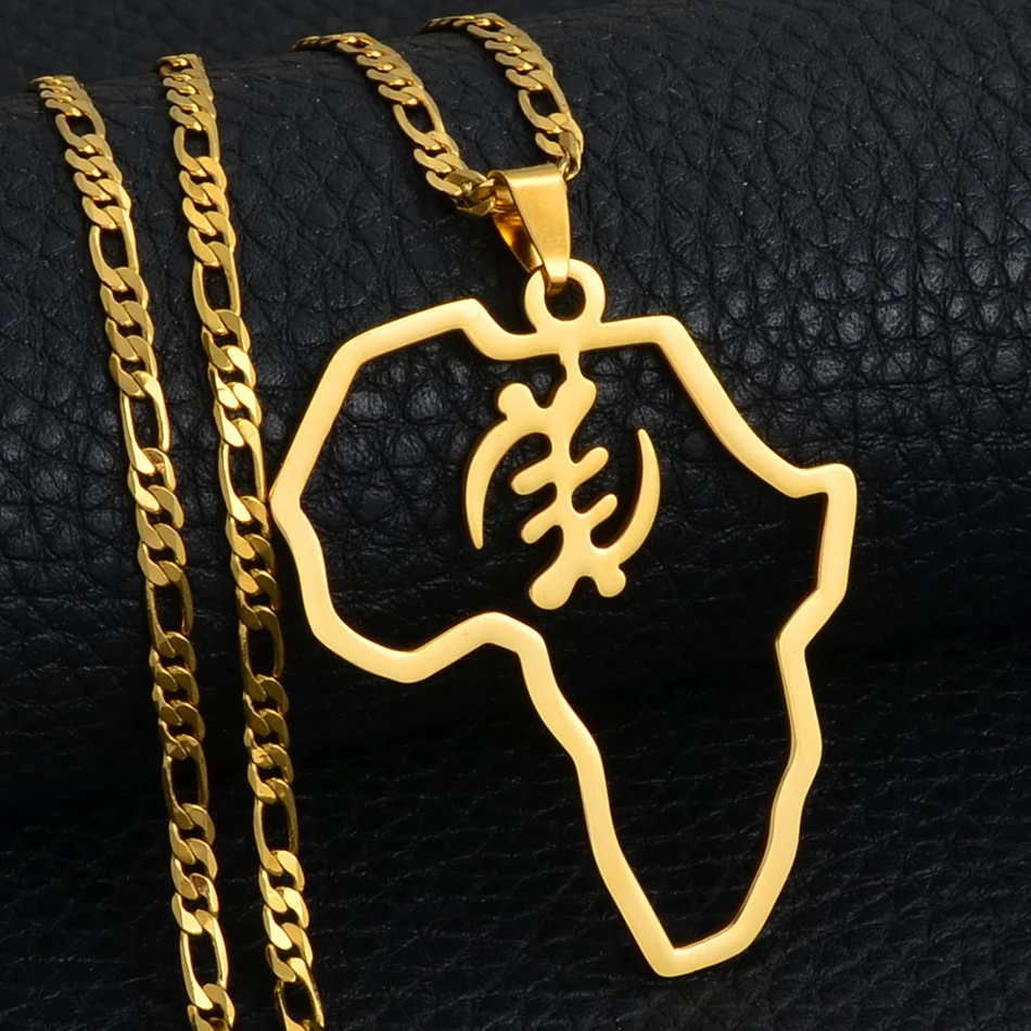 Anniyo African Map &amp Cultural Symbol Pendant Necklaces Women Men Gold Color Adinkra Gye Nyame Africa Ethnic Jewelry #129721 | Украшения
