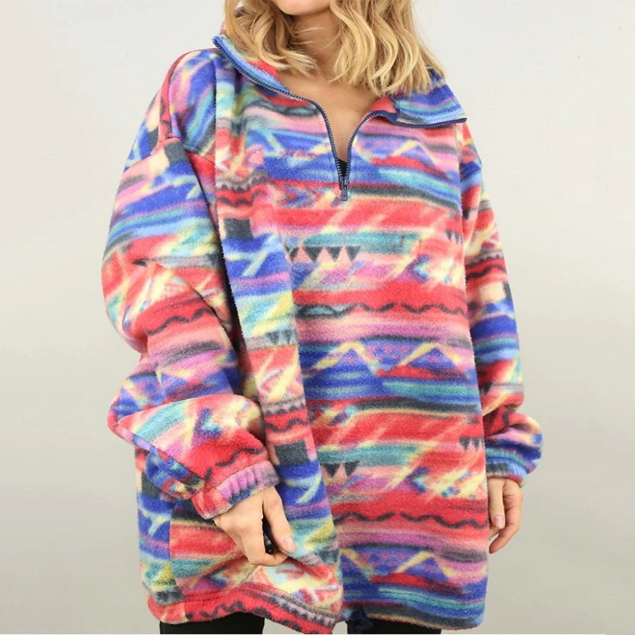 

Red Blue Geometry Printing Oversized Sweatshirt Women Vintage Zip Up Stand Collar Loose Teen Winter Streetwear Women Plus Size
