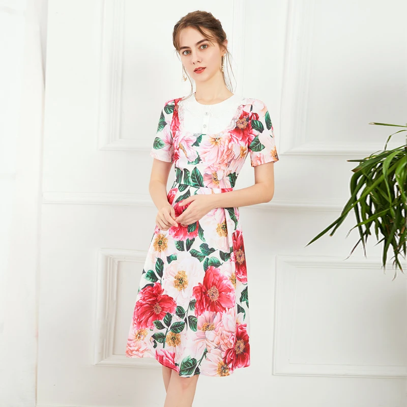 

Summer New Women's Fashion Lapel Embroidery Patchwork Short Sleeve Vacation Casual Party Vintage Chic Flower Print Mini Dress
