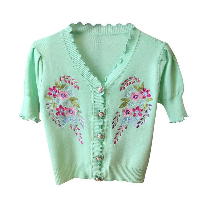 

2021 Summer Floral Embroidery T-shirt Women Short Puff Sleeve Knitwear Single Breasted V Neck Ruffle Tees Tops Lady Retro Slim