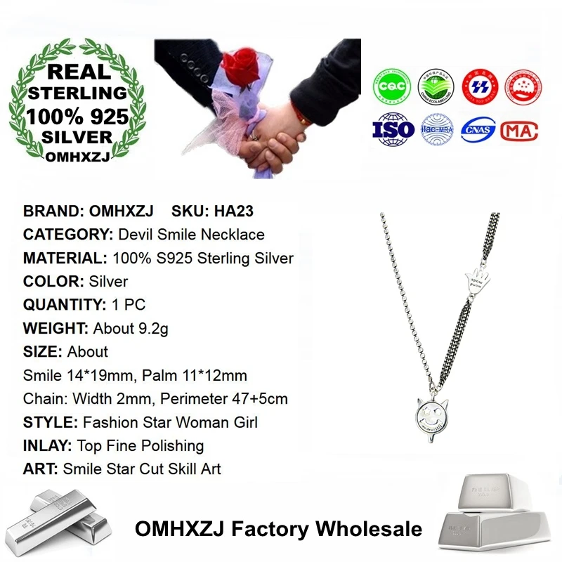 OMHXZJ Wholesale HA23 European Fashion Woman Girl Birthday Party Gift Devil Smile Hand 100% 925 Sterling Silver Pendant Necklace | Украшения