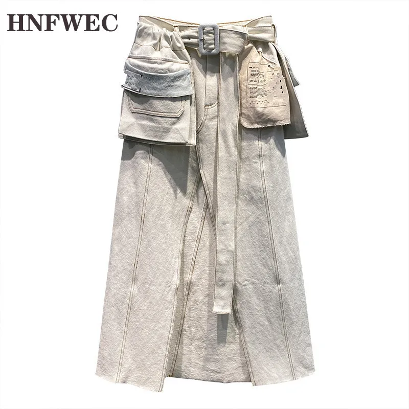 

Women Skirt High Waist Jeans Skirts Detachable Large Pocket Denim Skirt With Belt Fashion Denim Long Skirts Summer P164