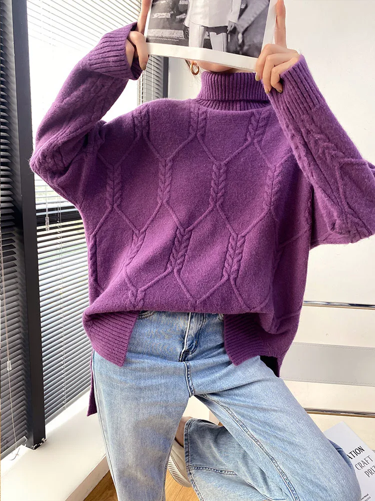 

Autumn and Winter Split Knit Top Ladies Loose Outer Wear Mid-length Basic Turtleneck Thick Warm Knitted Casual Sweater Woman