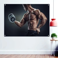 muscular bodybuilder training with dumbbells wallpaper banner flag gym wall background hanging painting sport workout poster