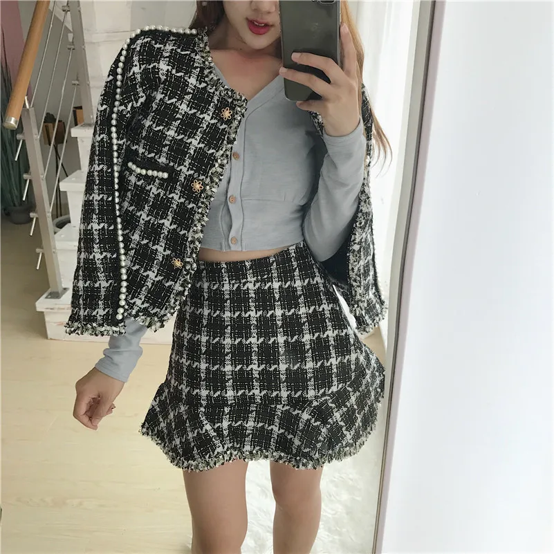 Высококачественный твидовый костюм с юбкой в клетку 2018 осенне зимняя женская
