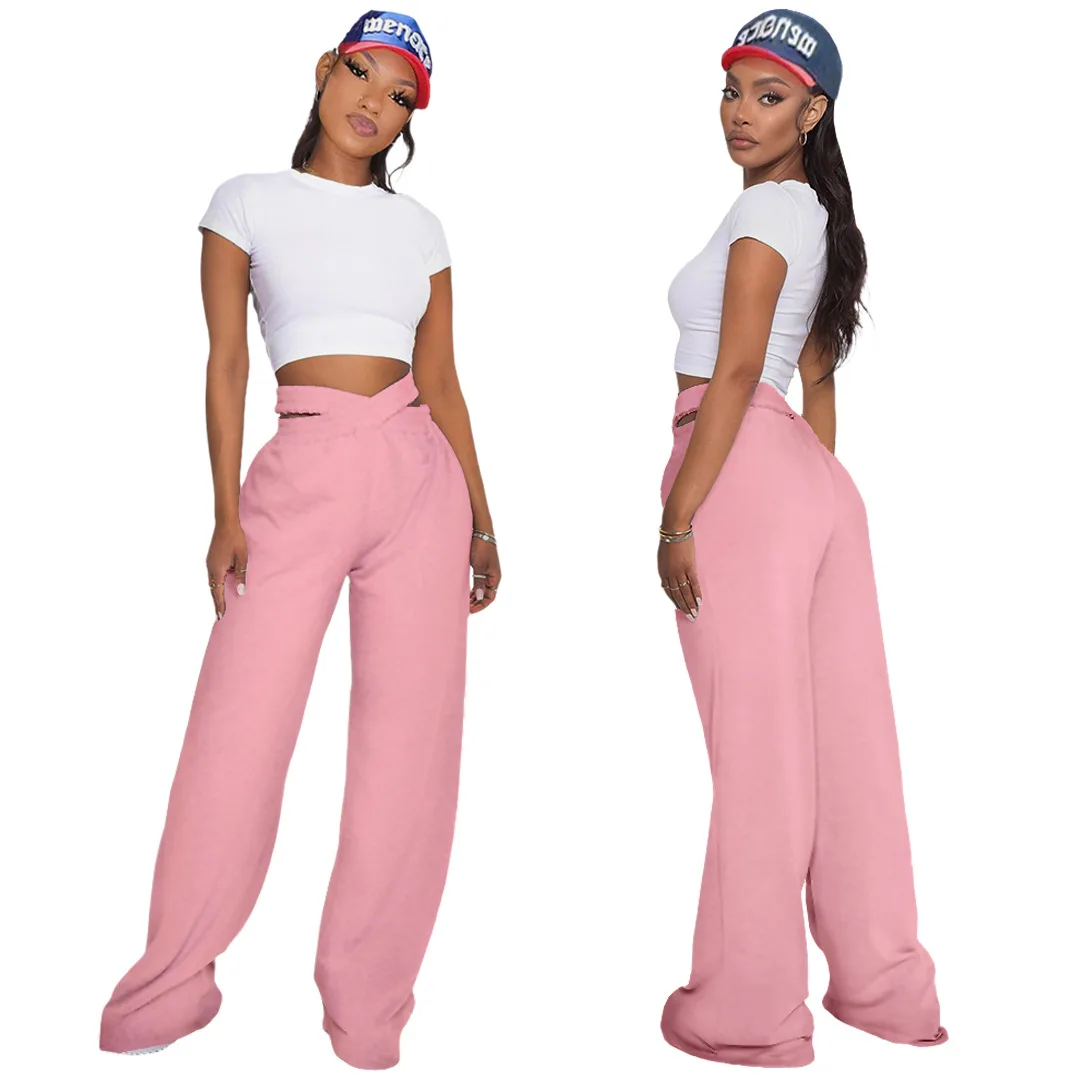 

2021 INS Hot Girls Wide-Leg Pants Fashion High Waist Cross Female S-XL Loose Floor Length Sports Casual Trousers High Quality