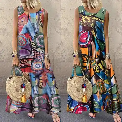 Платье ZANZEA женское с принтом, винтажный сарафан с круглым вырезом, Туника без рукавов, повседневная одежда, лето 2022