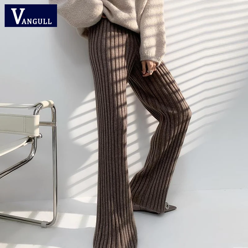 

Vangull Soft Solid Knitted Flare Pants Women Spring Fashion High Waist Sweater Pants Female Elastic Waist Ladies Stright Pants