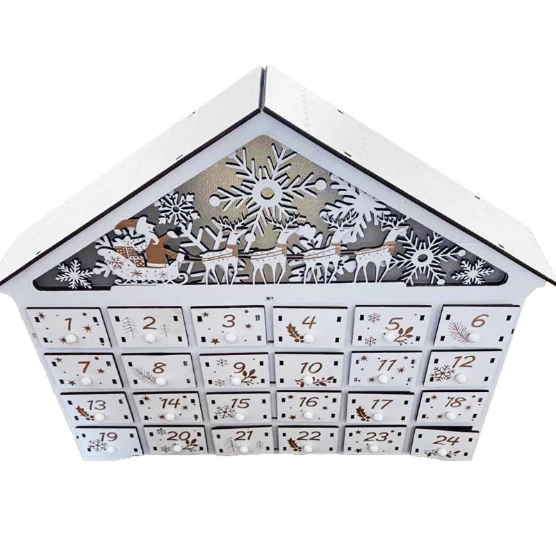 

Christmas Wooden House Advent Calendar LED Lighted Snowflake Reindeer Scene Countdown Ornament with Large Drawer Box