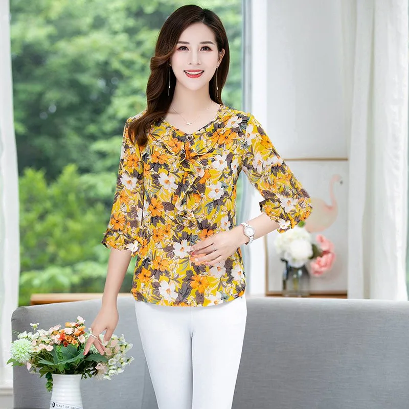 

Women Spring Summer Style Chiffon Blouses Shirts lady Casual 3/4 sleeve Flower Printed Lotus leaf collar Blusas Tops