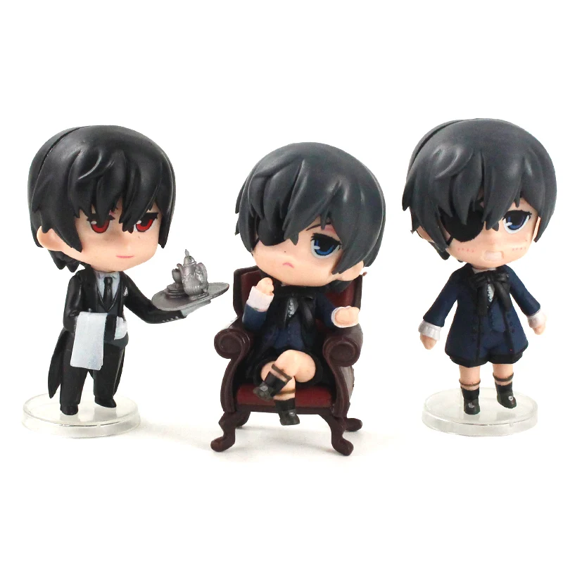 9-10cm 3pcs/lot Anime Black Butler Figurine Ciel Phantomhive Sebastian Michaelis Q Ver. Mini PVC Figure Toys Doll
