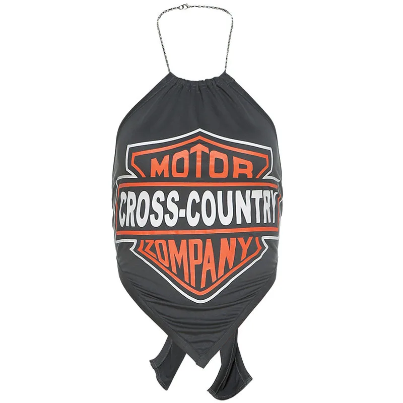 

Letter Print Halter Neck Tank Top Women Motor Style Backless Lace Up Triganle Hem Causal Crop Top Vest Streetwear Camis Yuqung