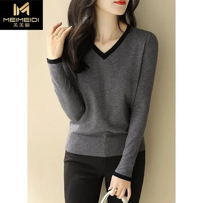 

Модные Цвет в комплекте с треугольным вырезом и длинными рукавами, вязаный Топ для женщин одежда 2021; Сезон весна-осень; Новый пуловер тонкий ...