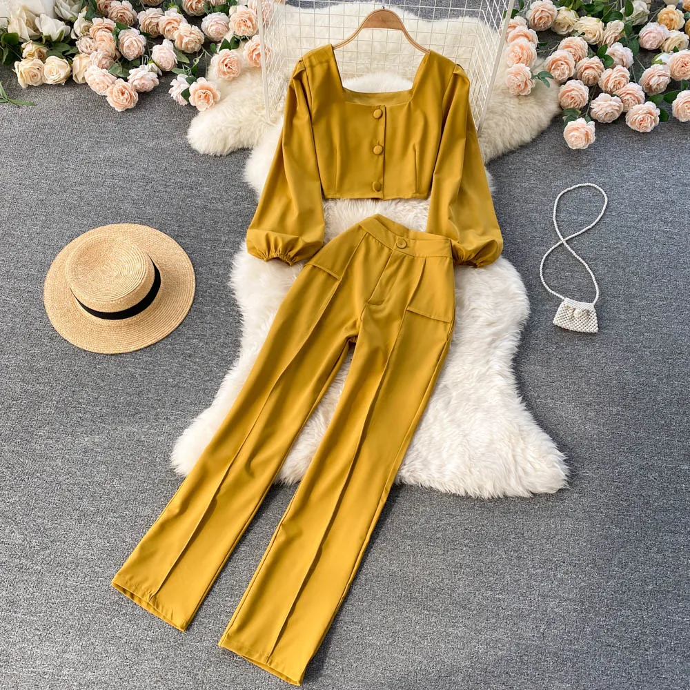 

WomenSpring professional suit temperament square neck short tops versatile high-waist wide-leg pants two-piece suit female D0425