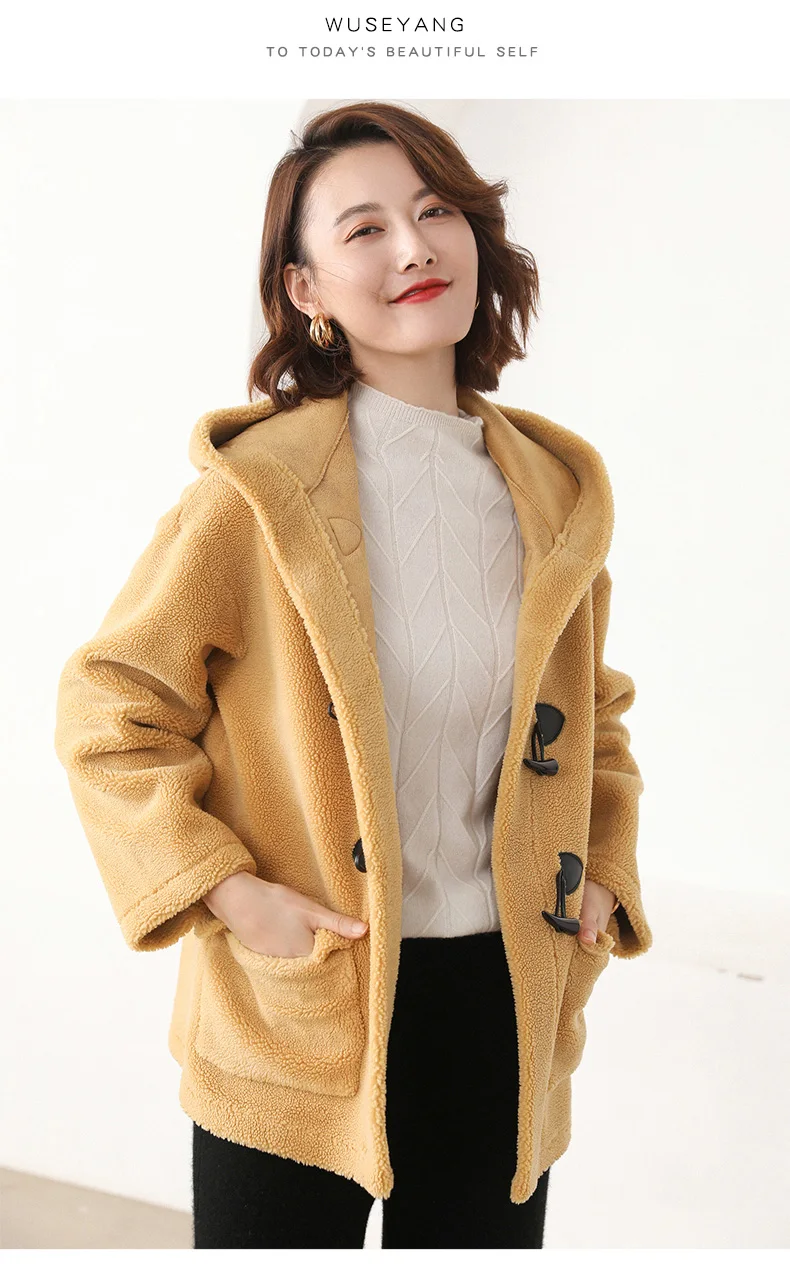 ALKMENE осень и зима новое зернистое бархатное пальто для женщин из овечьей шерсти одно соединение овчины с капюшоном короткое меховое пальто