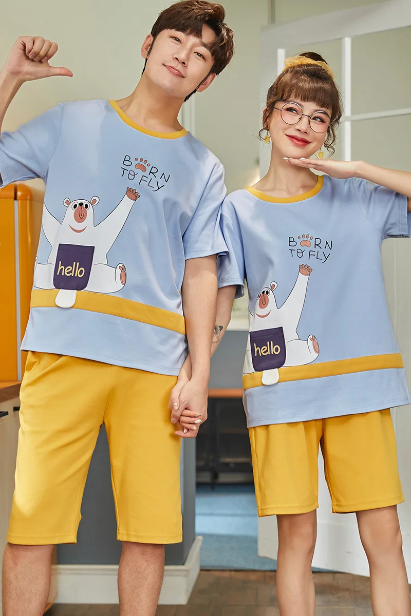 

Summer Couple Pajamas Set Fashion Yellow O-Neck Plus Size Cotton Men/Women Homewear Kawaii Cartoon Short Sleeve Girls Sleepwear