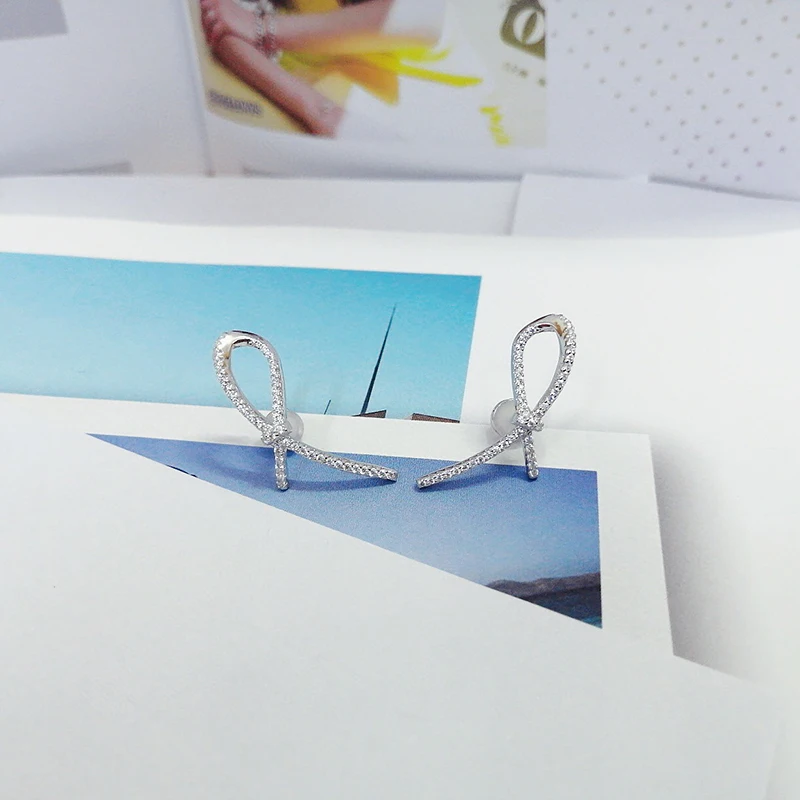 

Bow line Earrings 925 Sterling Silver micro inlaid zircon exquisite fashion elegant personality high-end women