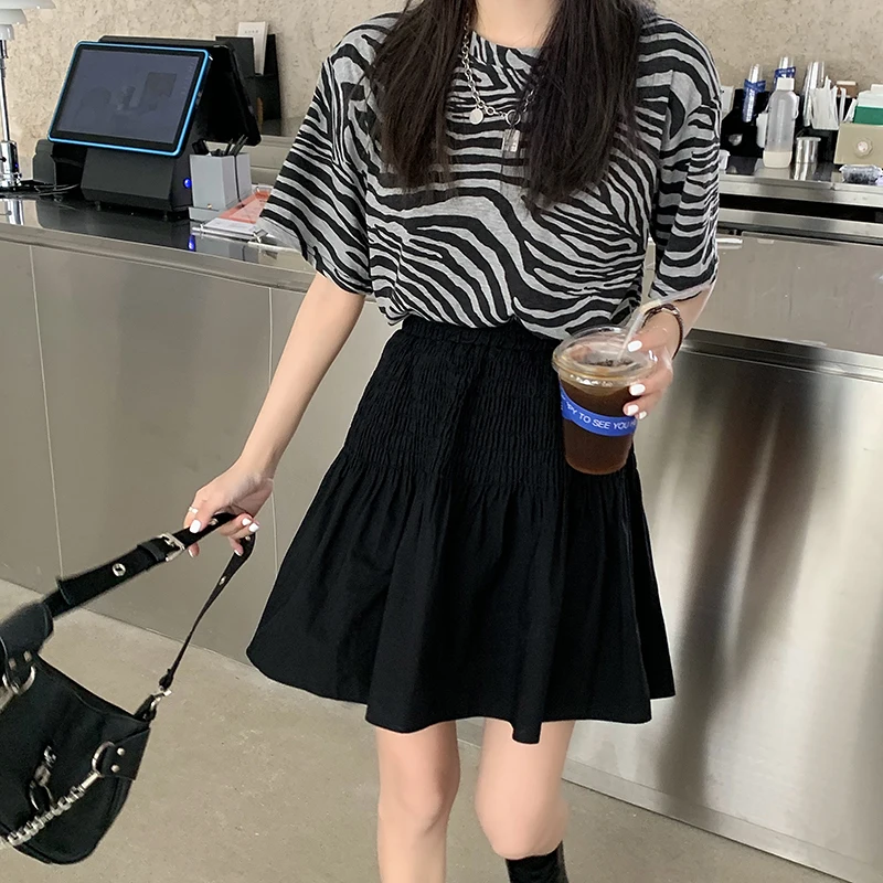 

Korean Chic Summer Sweet Soft Girly Mini Skirt High Waist Vintage Folds Simple Solid Skirt Elastic Waist A-Line Casual Skirt