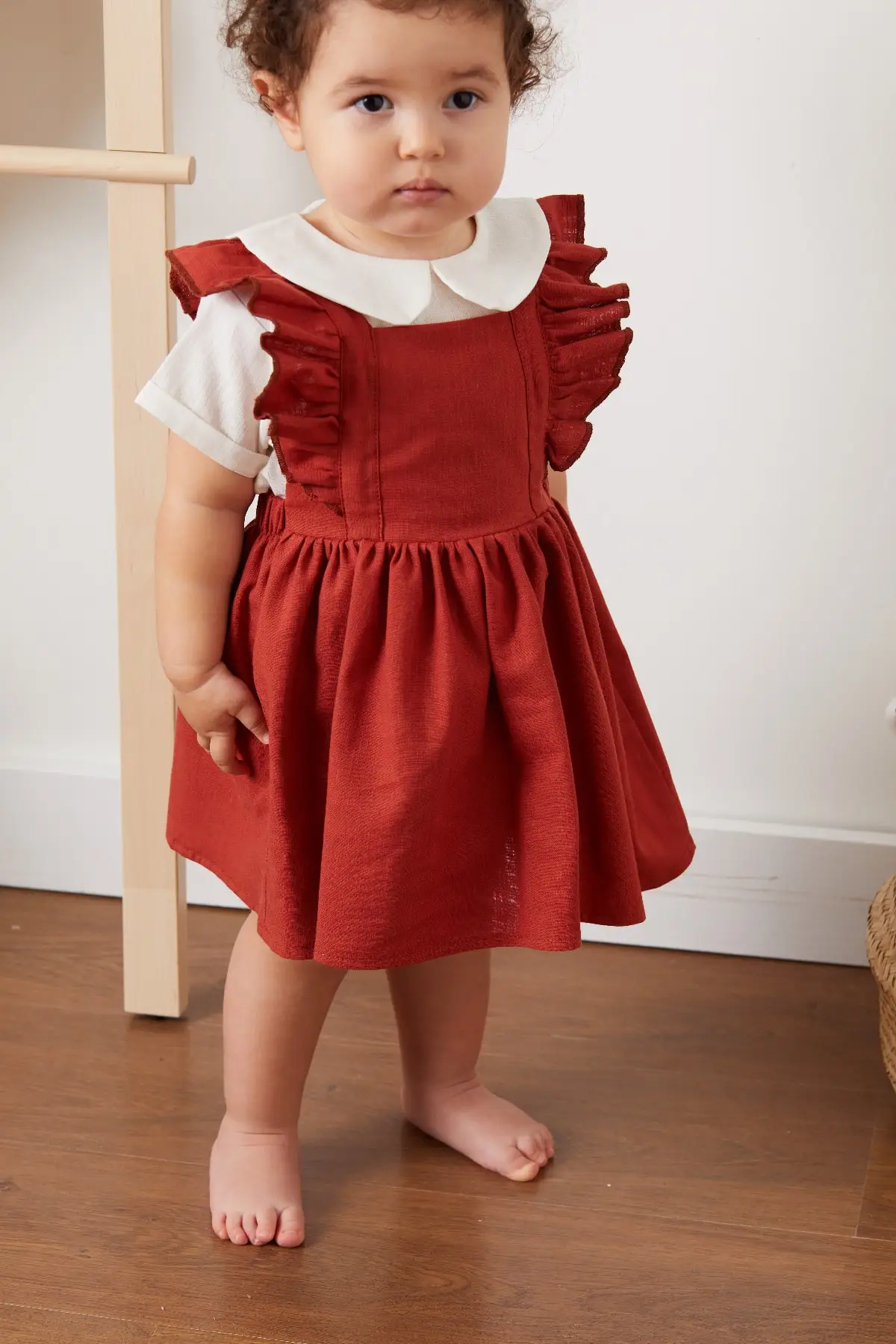 

Unisex Children Short Sleeve Bebe Collar Inter Button Linen Shirt