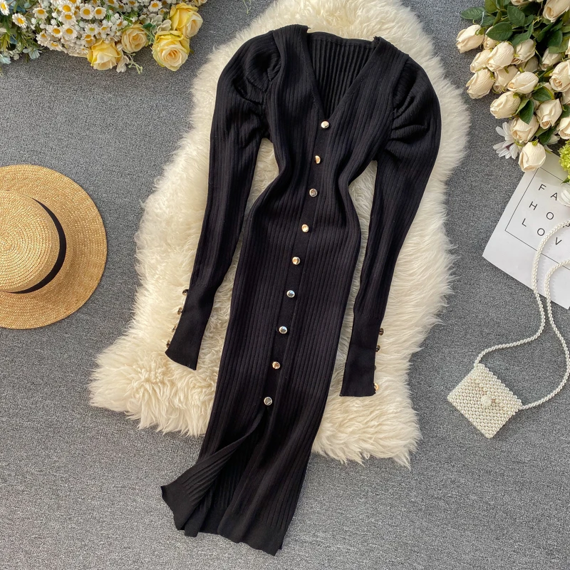 2020 с буффами на рукавах v образный ворот тонкая сексуальная Разделение Кнопка