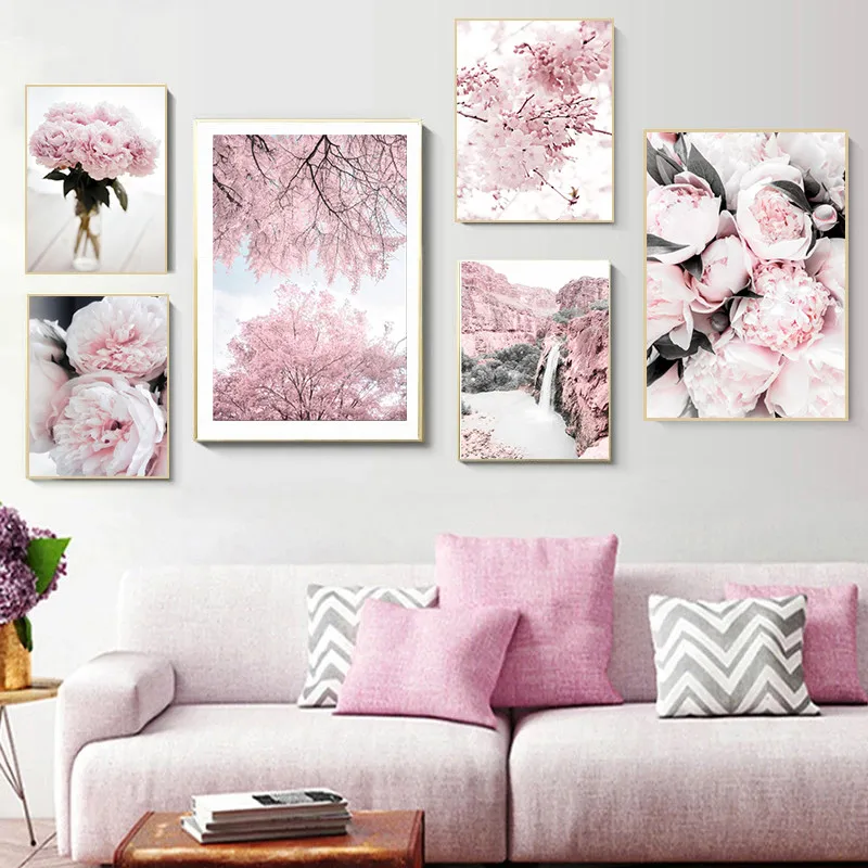 

Peony Cherry Blossom Plants And Flowers Canvas Painting Nordic Pink Wall Art Posters And Prints Wall Art Pictures Home Decor