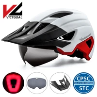victgoal men goggle bike helmet with usb led rechargeable taillight sun visor bicycle helmet mountain road cycling helmet shield