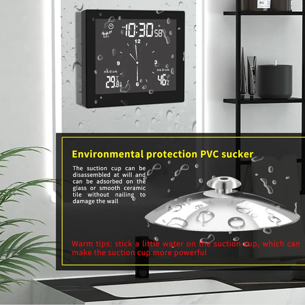 

Waterproof Bathroom Wall Clock Shower Suction Cup Timer Alarm Clock Temperature Humidity Bath Weather Station Home Desktop Clock