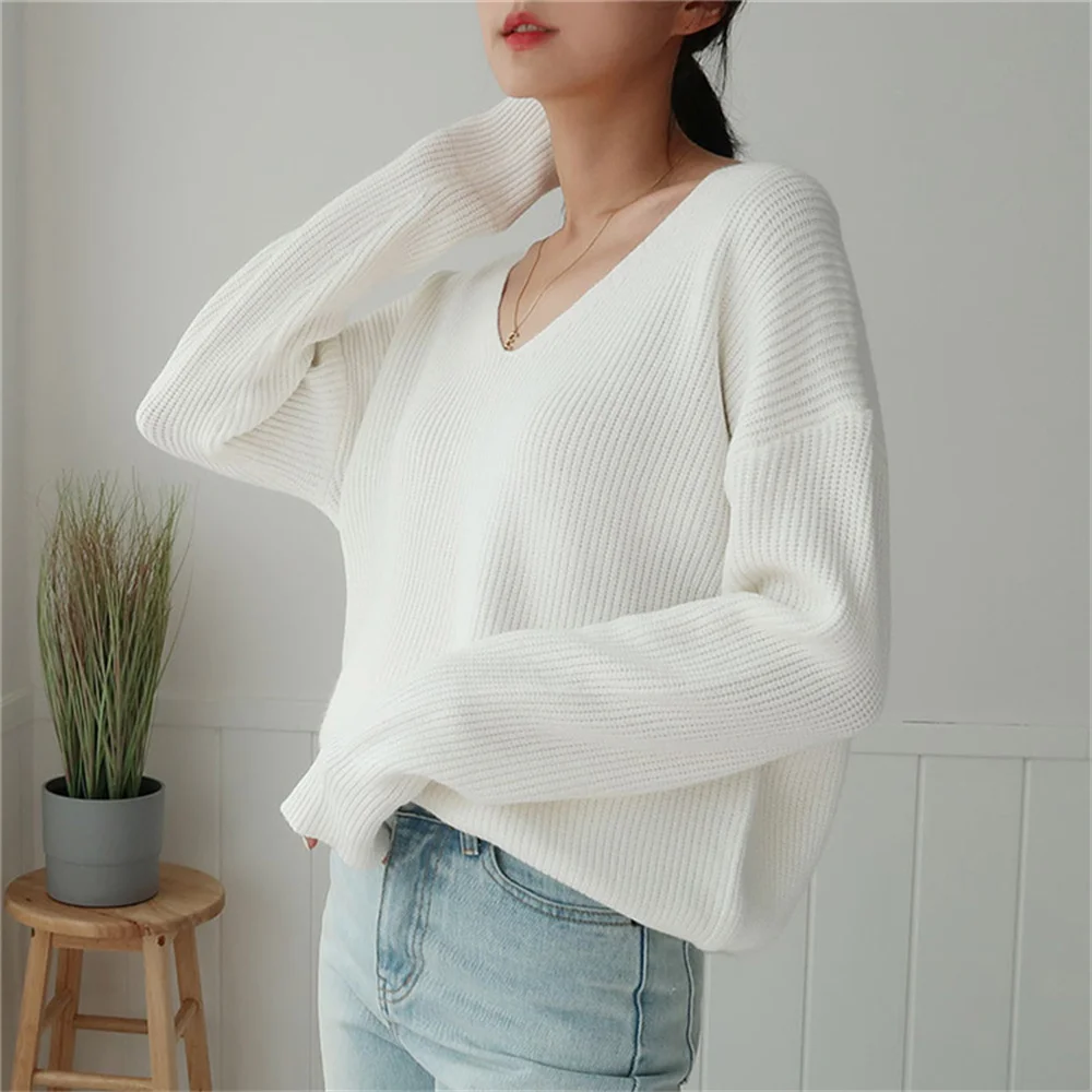

Alien Kitty Pullover Pure Color Women V-Neck Sweater New Fashion Loose Lady OL All Match 2021 Autumn Bottom Hot Knitted Jumpers