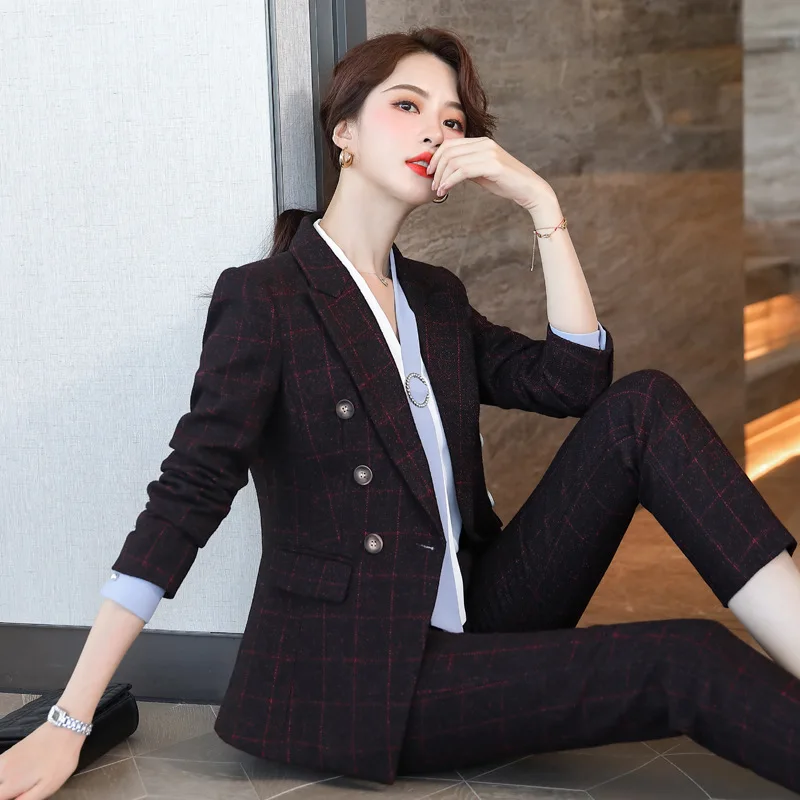 IZICFLY Spring Autumn Wine Red Plaid High Quality Career Professional Pantsuits Ladies Office Business Blazer and Trouser Set