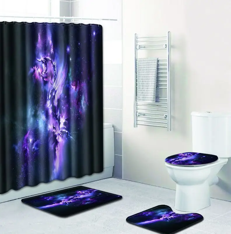 Zeegle 4pcs Bathroom Mat Set with Shower Curtain Pedestal Rug Toilet U Type Waterproof Non-slip Bath Foot | Дом и сад