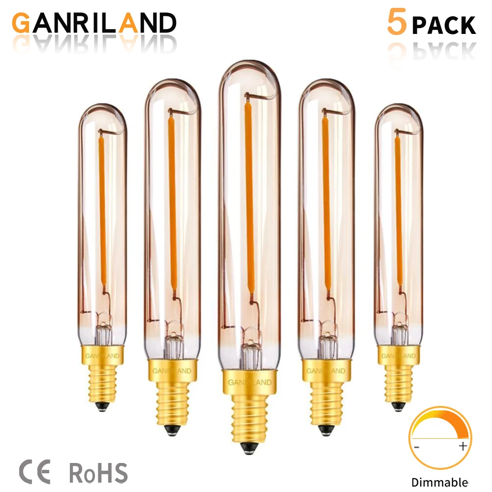 Ganriland T20 Tubular Lamp Retro LED Long Filament Amber Glass Bulb 1W 2200K E12 110V E14 220V Chandelier Pendant Light Dimmable