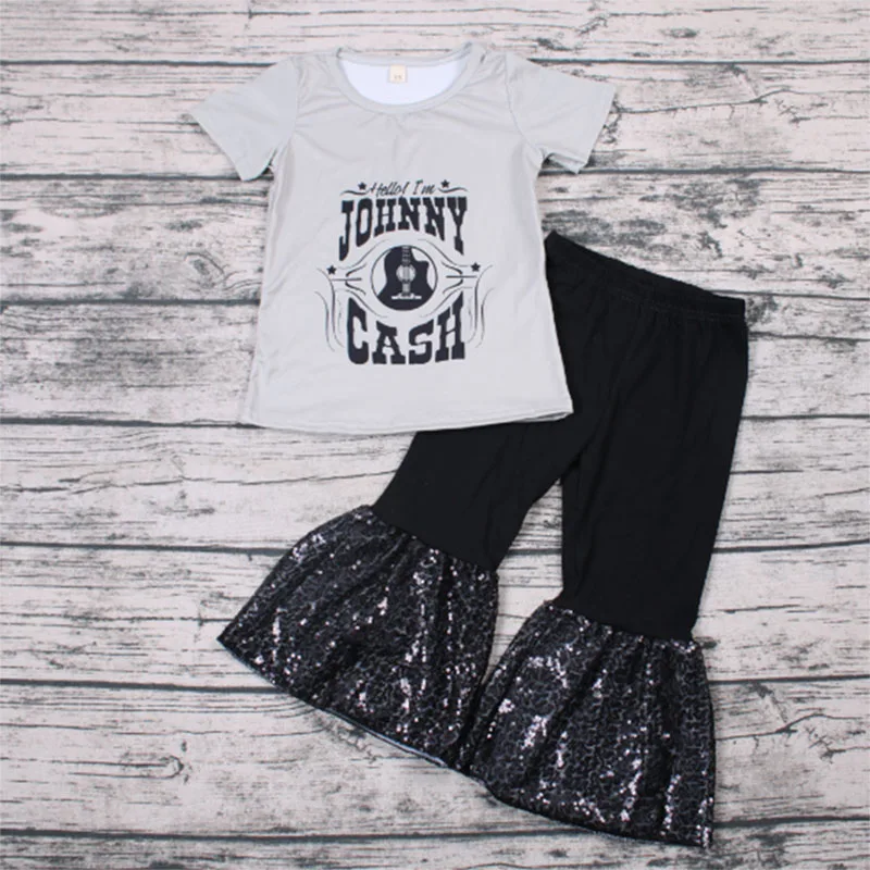 

Sweet Johnny Cash print top and Sequins ruffle bell bottom pant baby girl spring outfit children clothing set baby child outfit