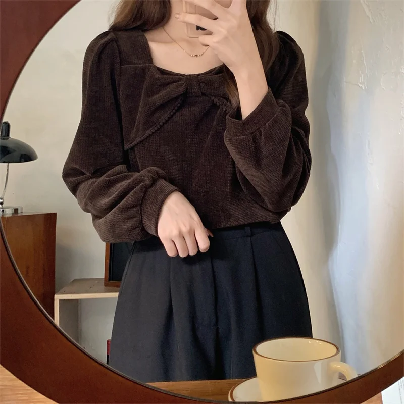 

Small Shirt Women's Design Sense Niche Top New 2021 Corduroy Bow Long Sleeve Shirt