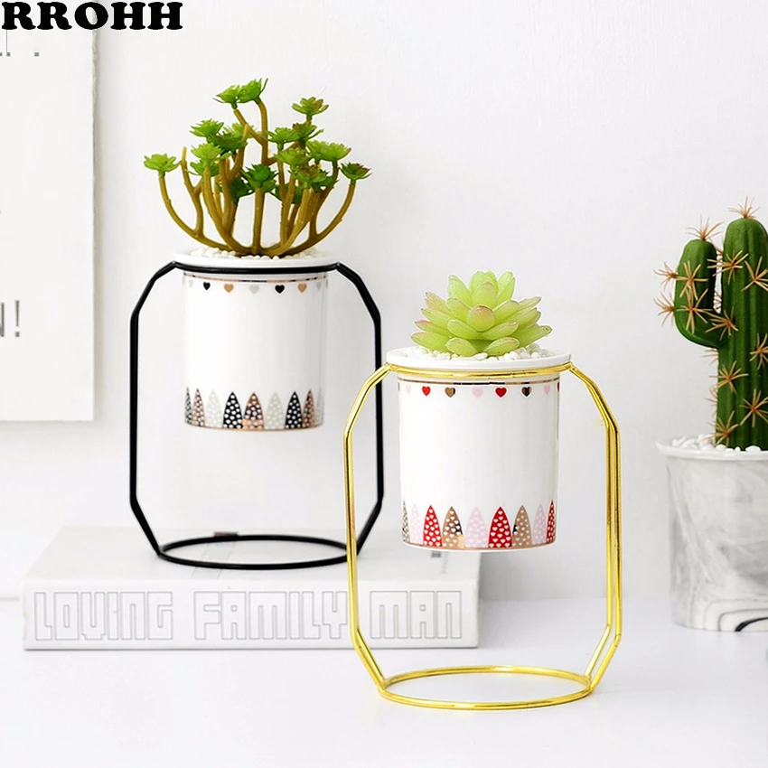 

Hot Creative Pots Nordic Minimalist Geometry Gold Iron Shelf Succulent Desk Plant Pot Green Flower Pot Desktop Flower Vase Decor