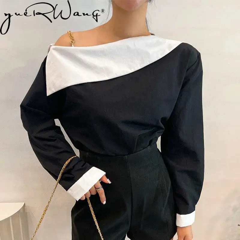 

Getspring Women Shirt Slash Neck Hollow Out Off Shoulder Long Sleeve Sexy Blouse Tops Black White Color Matching Vintage Top