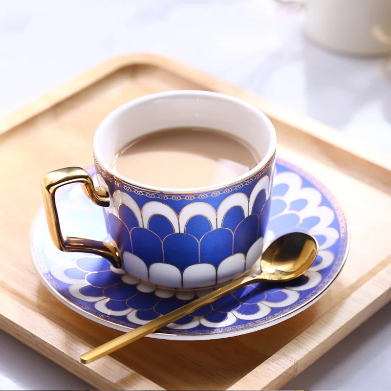 Blue Color Mug Bone Chinese Cup Multi-style Simple Ceramic Coffee Cup and Sauce Plate with Pattern Set with Box