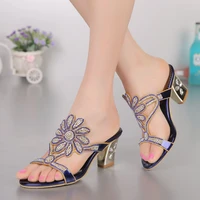 purple ladies slippers fashion rhinestones open toe crystal square high heel female party sandals slides shoes big size x0052