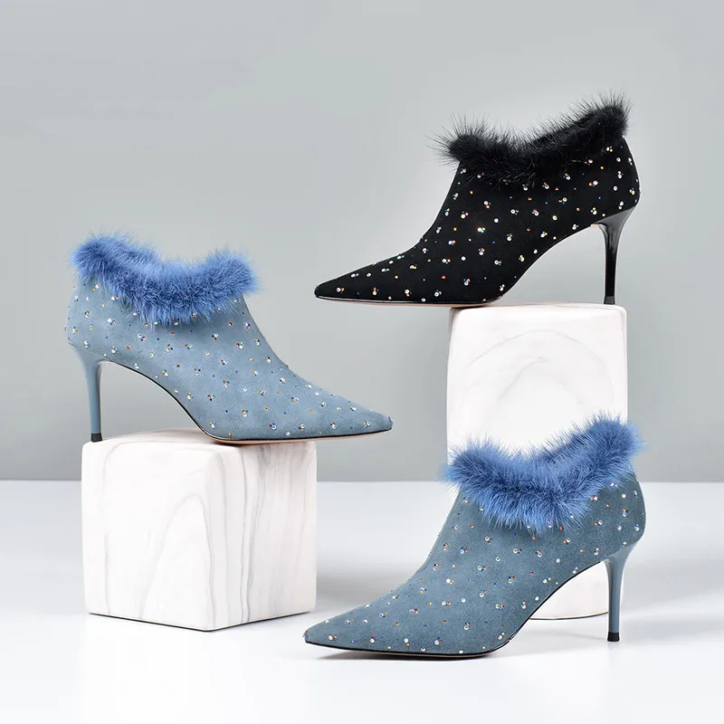 

ASUMER 2021 newest pumps women shoes suede leather crystal pointed toe autumn winter shoes high heel party wedding shoes woman