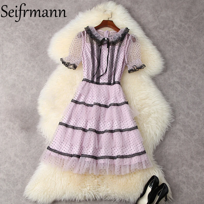 

Seifrmann New 2021 Summer Women Fashion Runway Party Midi Dress Lantern Sleeve Gorgeous Lace Ruffles Print Mesh A-Line Dresses